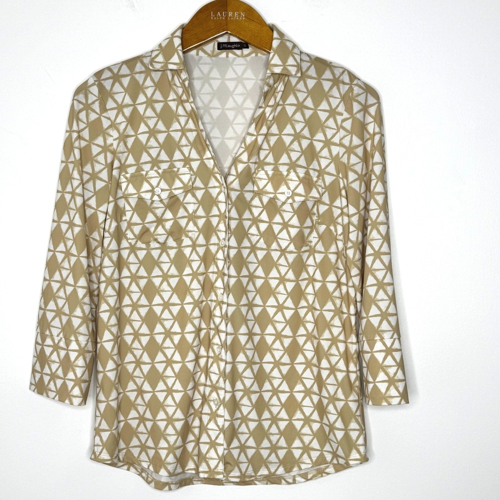 J. McLaughlin Top Button Front Tan/White Small